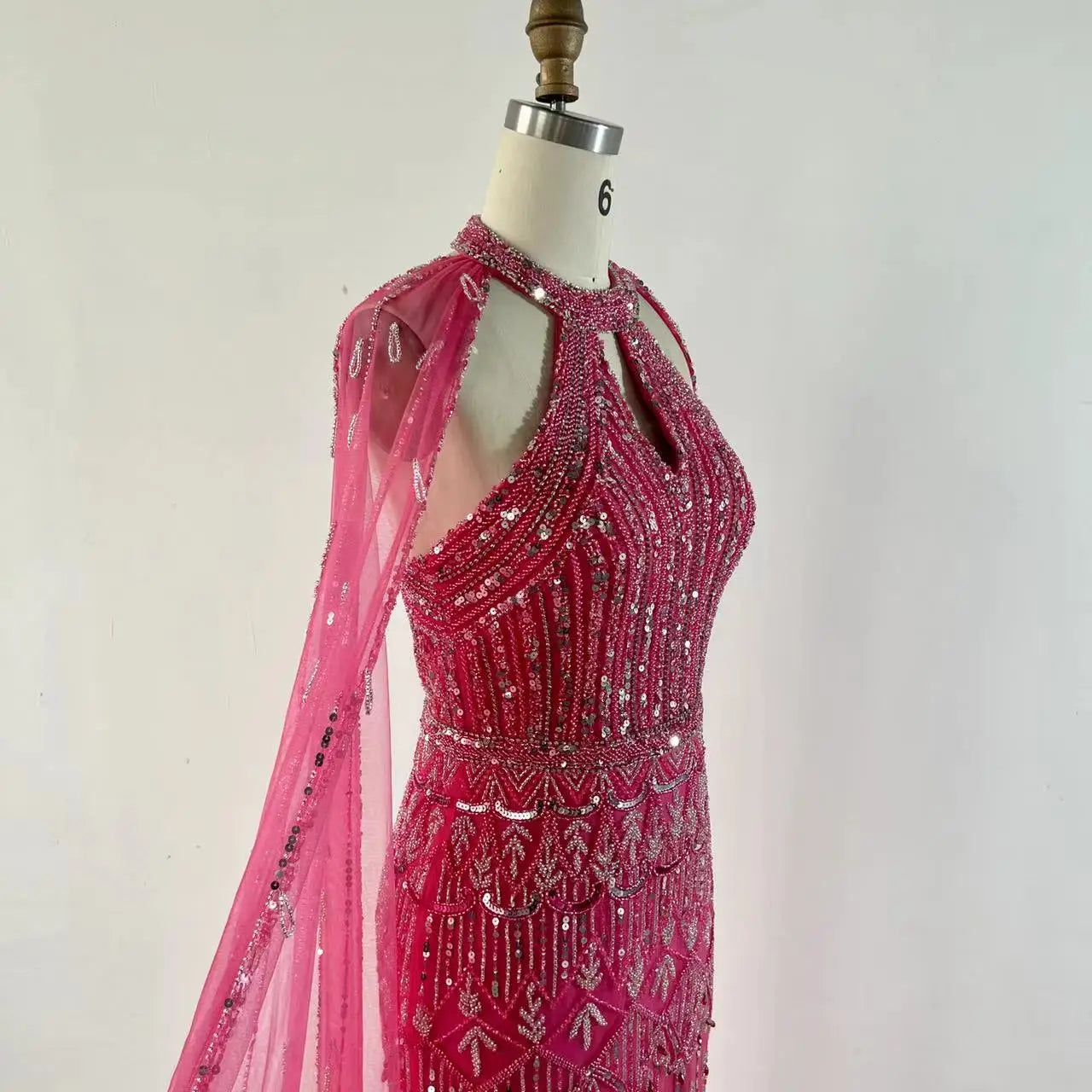 NEW Pink Cape Sleeves Mermaid  Beaded Elegant Evening Dresses Luxury Gowns for Women Arabic Party