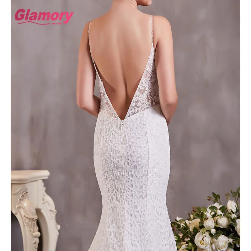 Mermaid Deep v Neck Lace Spaghetti Straps Wedding Dress Cheap Bride Dress Made in China