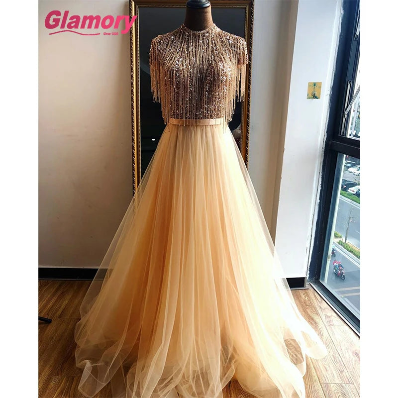 Hot Sale New Style Evening Party Tassel Beading Custom A-Line Women Burgundy Prom Dress