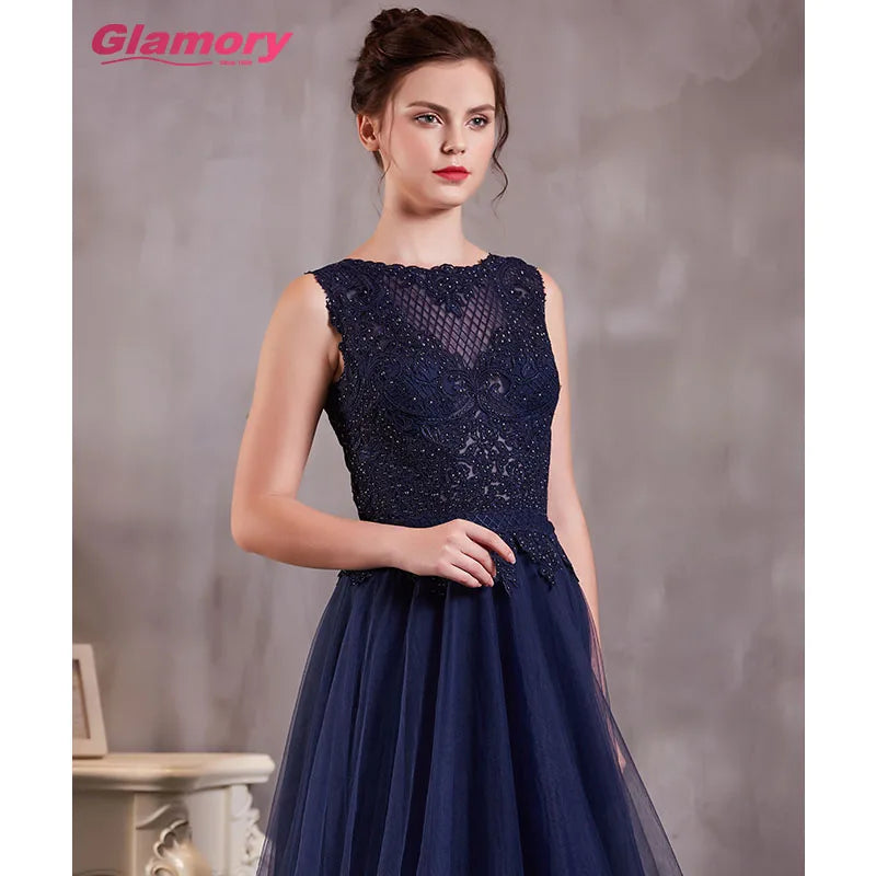 Dark Blue Long Wholesale Dresses Handmade Lace Ball Gown O-neck Floor-length Tulle Evening Dress