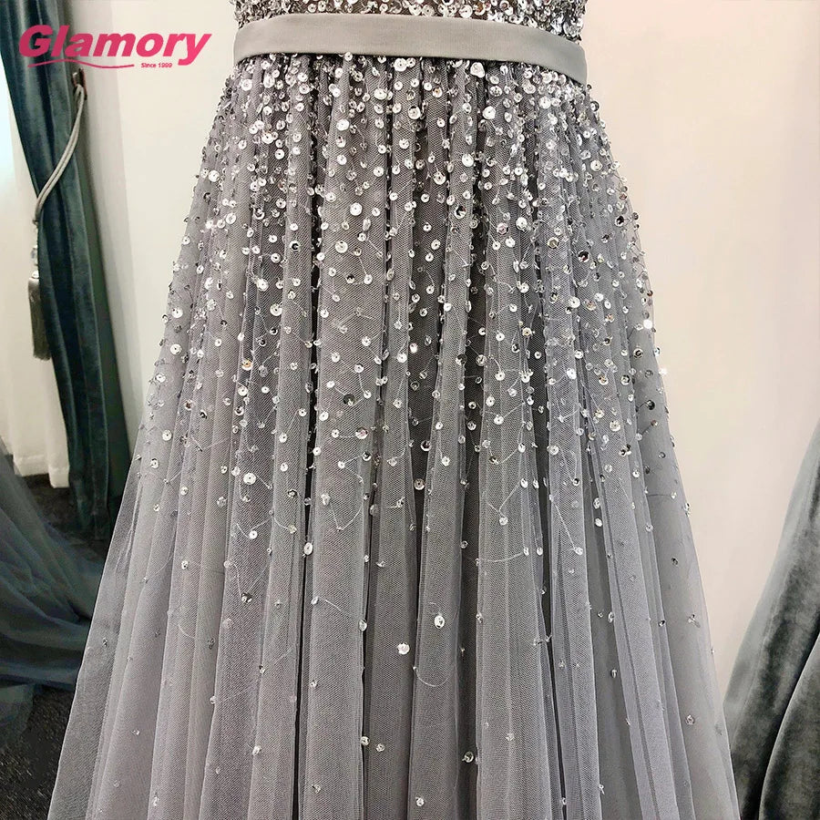 Gray Beading Sparkly Prom V Neck Elegant European Style A-Line Charming Evening Dress
