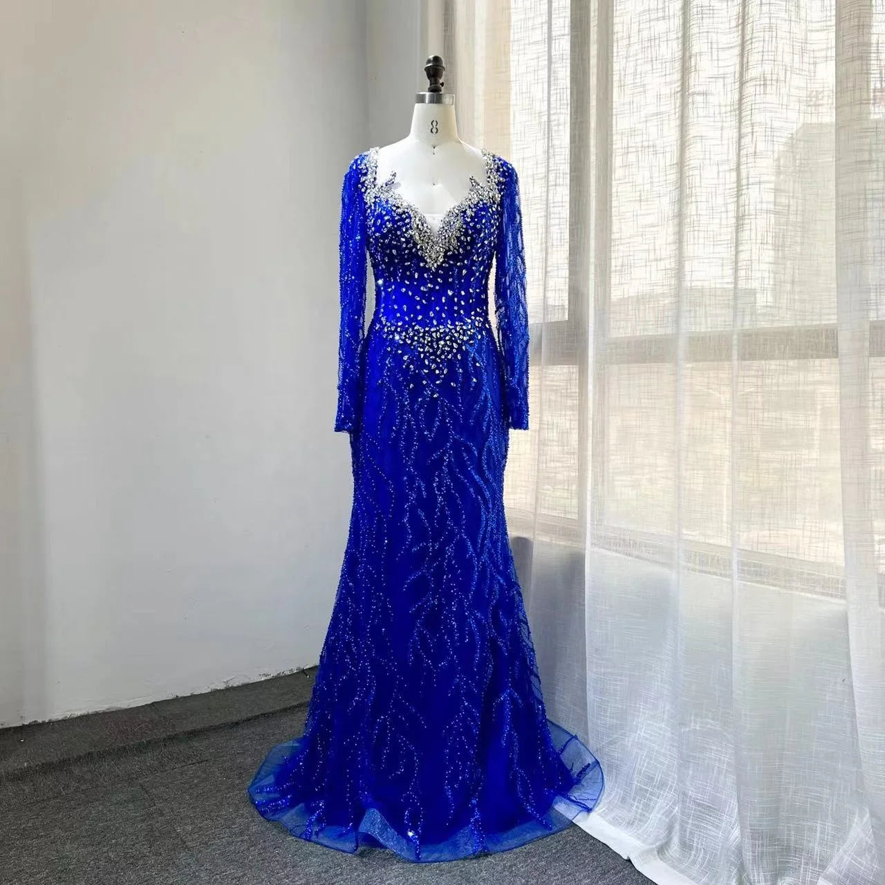 NEW 2024 Luxury Long Sleeve Woman Wedding Party Gowns Pearls Beaded Arabic Elegant Evening Dress
