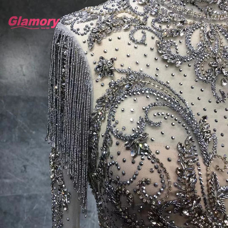 New Style Luxury High Neck Long Sleeve Bodycon Beading Mermaid Club Dress