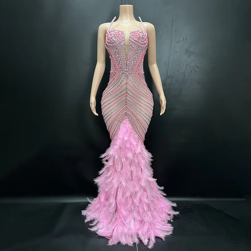 Luxury Pearls Grand Feather Sexy Floor-Length Dress Evening Party Performance Costume Bar Nightclub Singer Dancer Wear