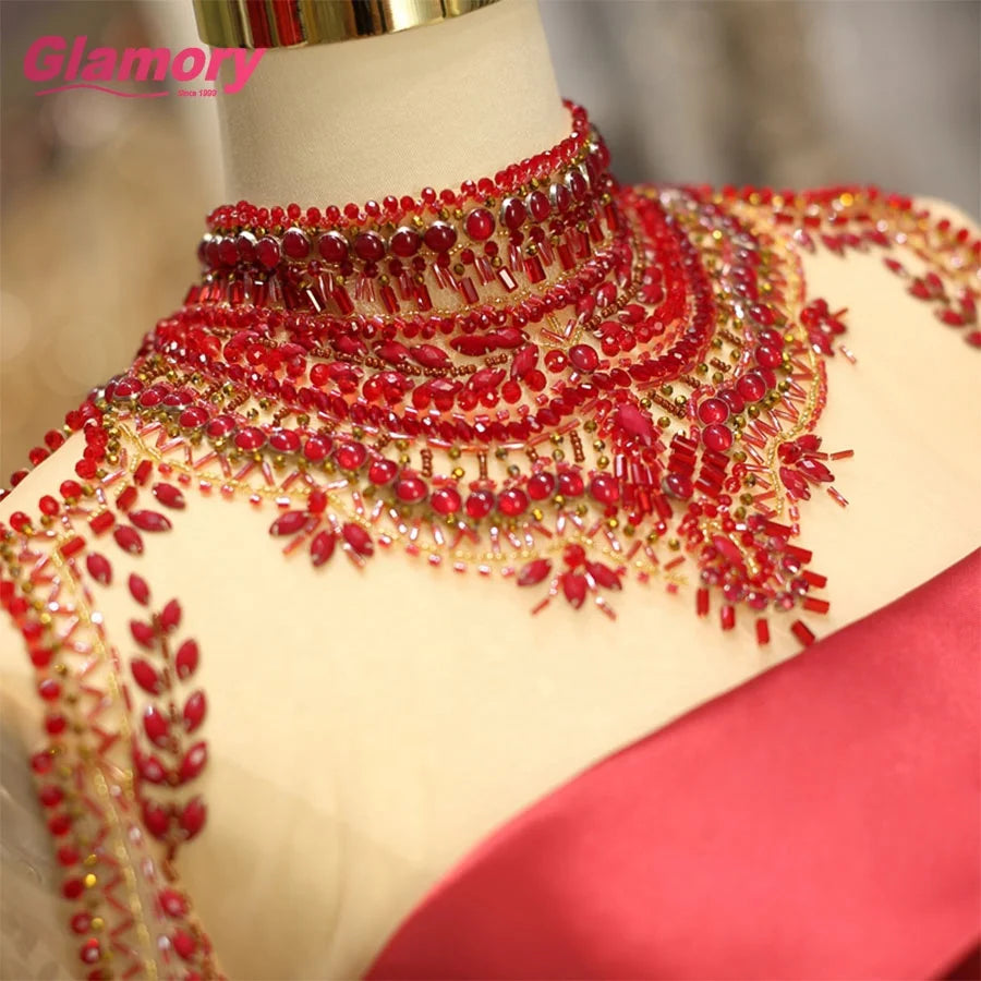 Turkey Luxury Formal Long Sleeve High Neck Burgundy Satin Party Evening Dress