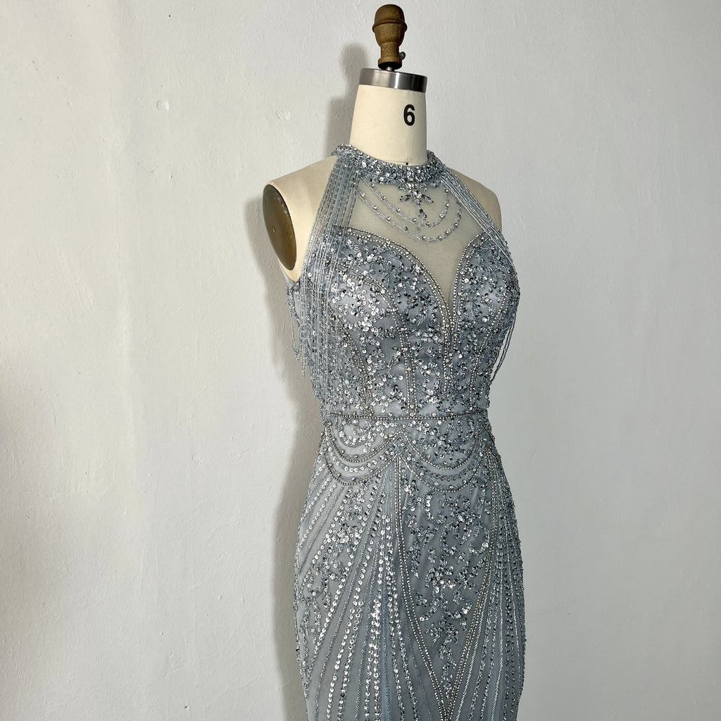 Fashion Party Sexy Halter Neck Crystal Decoration Dubai Dress Luxury Shiny Slim Slimming Beading Banquet Dress