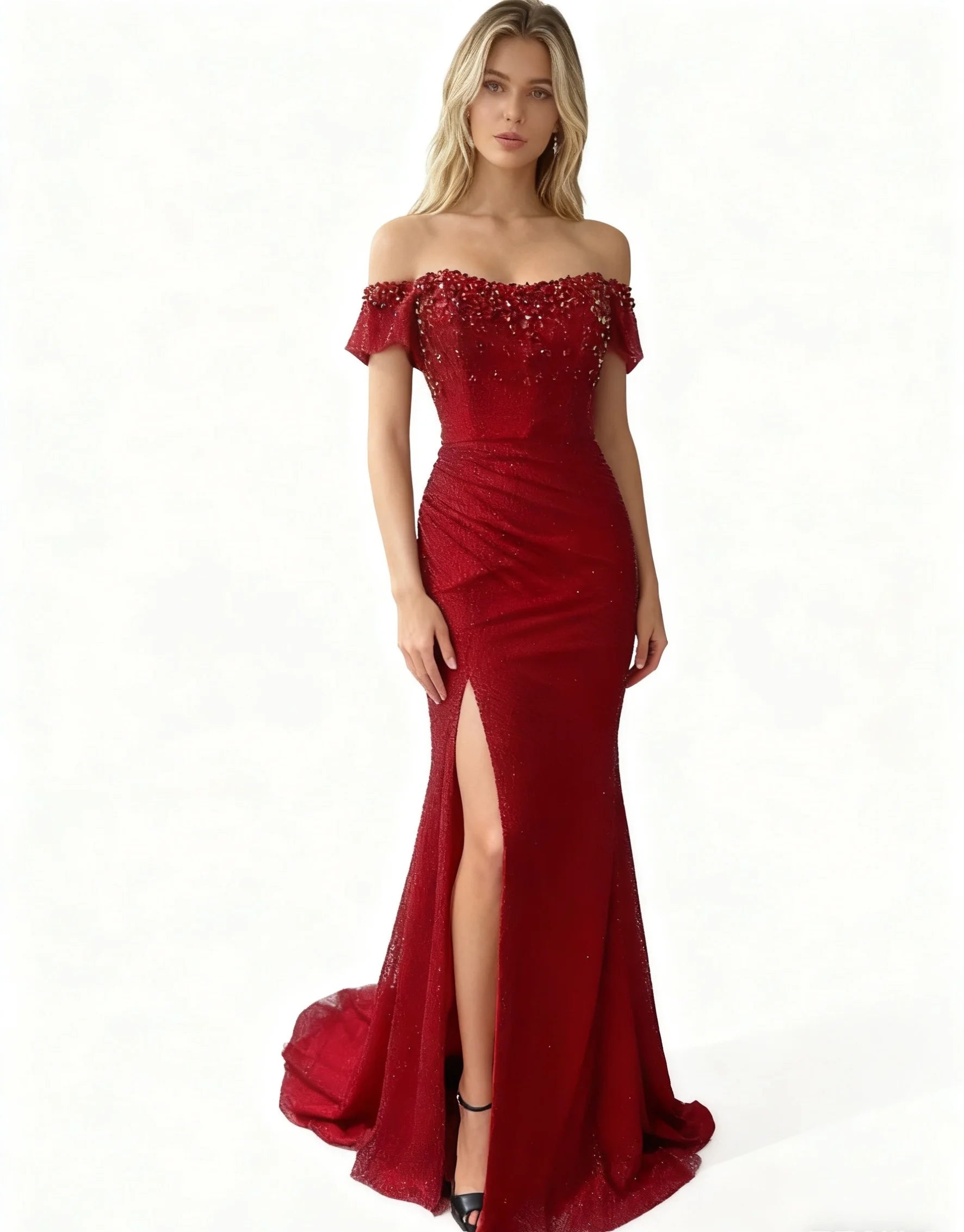 Red Off Shoulder Evening Dresses for Women Beaded with Front Leg Slit Fitted Bodice Perfect for Formal Events Prom