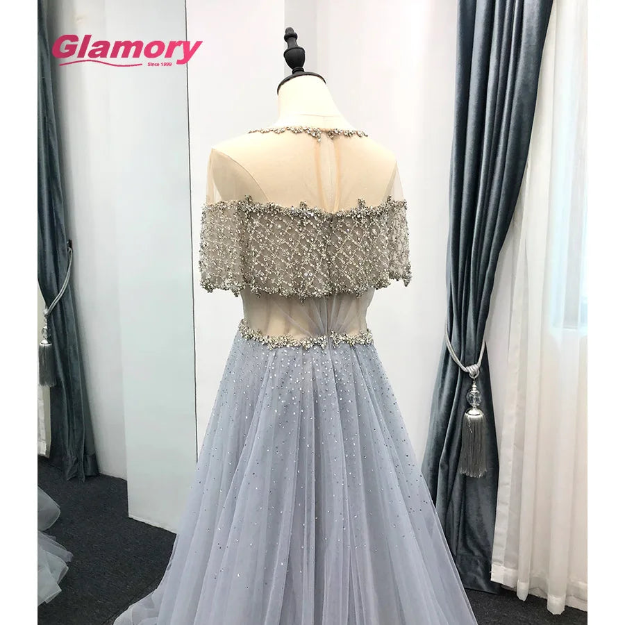 Hot Sale Evening Dresses Light Blue Short Sleeve a Line Party Wear Crystal Beaded Tulle Sexy Prom Dress