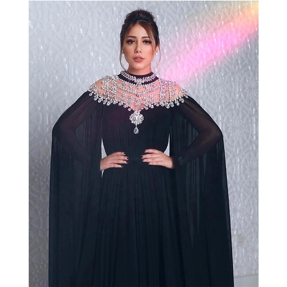 Cheap Dresses Kaftan Abiye Black Evening Dress Long Sleeves Beaded Crystal Chiffon Formal Gown Women Elegant Vestido Robe