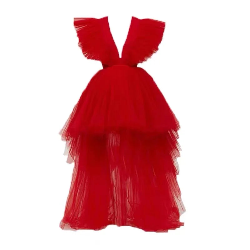 New Backless Pleated Three-dimensional Large Trailing Gauze Skirt Long Evening Dress Large Party Costumes for Birthday