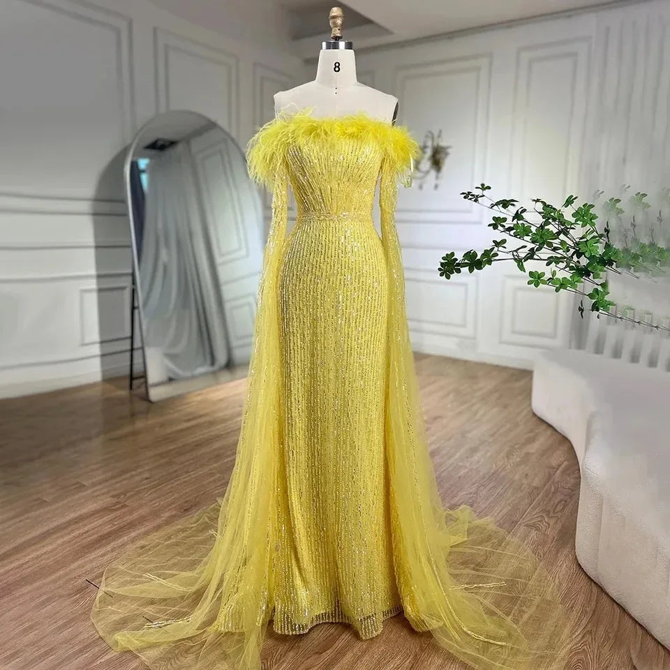 Luxury Dubai Glitter Feathers Beaded Cape Sleeves Off Shoulder Elegant Mermaid Sequins Evening Gown