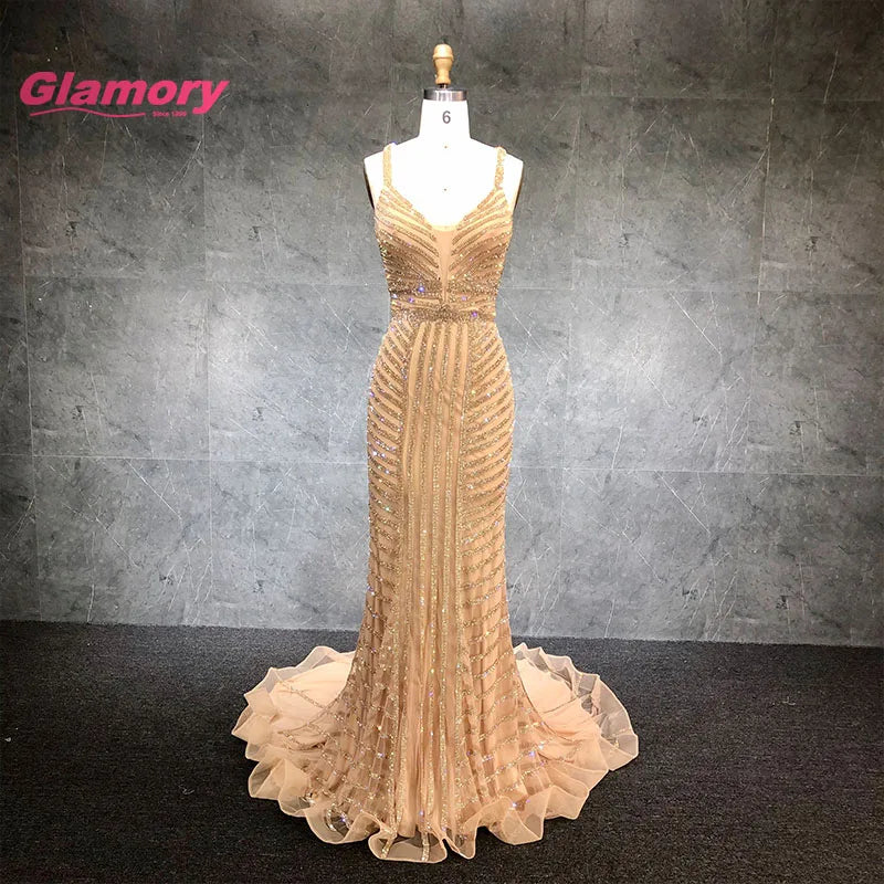 Gold Crystal Beaded Formal Prom Shiny Long Bodycon Evening Dress Ladies Spaghetti Straps Sexy Backless Party Gown
