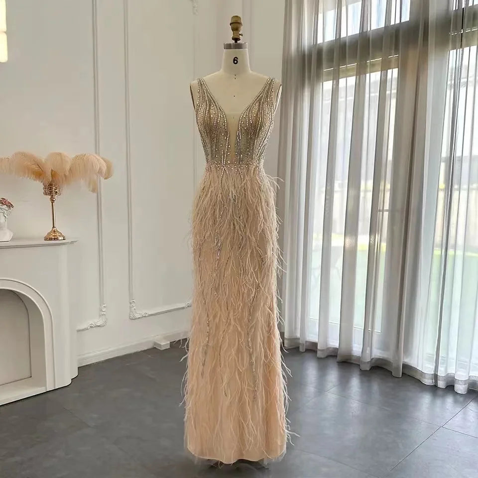 New Design V-Neck Spaghetti Strap  Feathers Beading Mermaid Dress for Women Party
