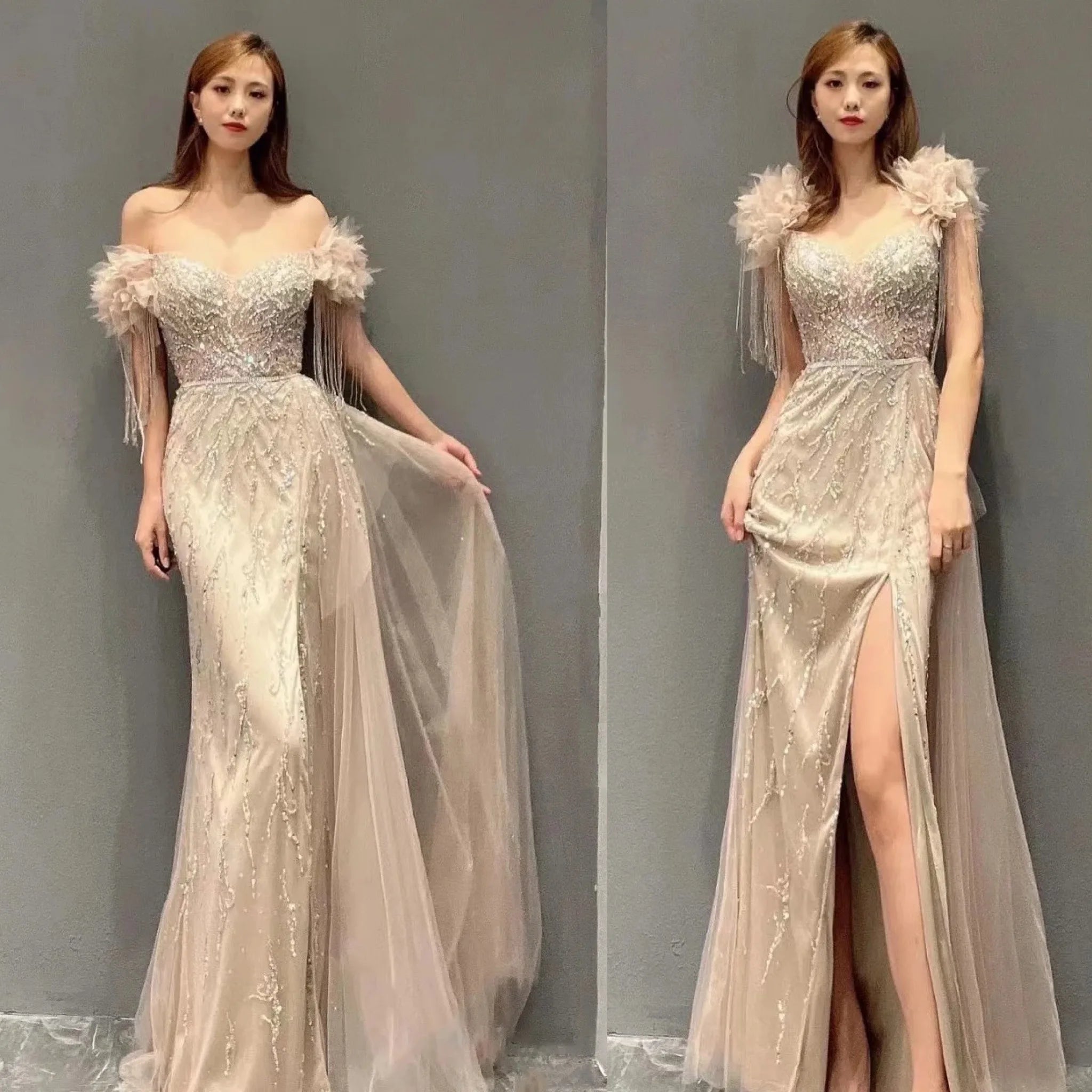 2024 NEW Arabic Dubai Nude Mermaid Luxury Evening Dresses Gowns Boat Neck Beaded Tassel for Women Wedding Party