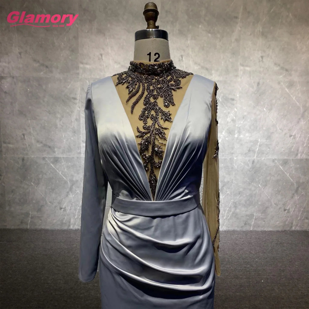 New 2021 Full Sleeve Bodycon Satin Evening Dress With Beads Sexy Banquet Evening Dress for Women