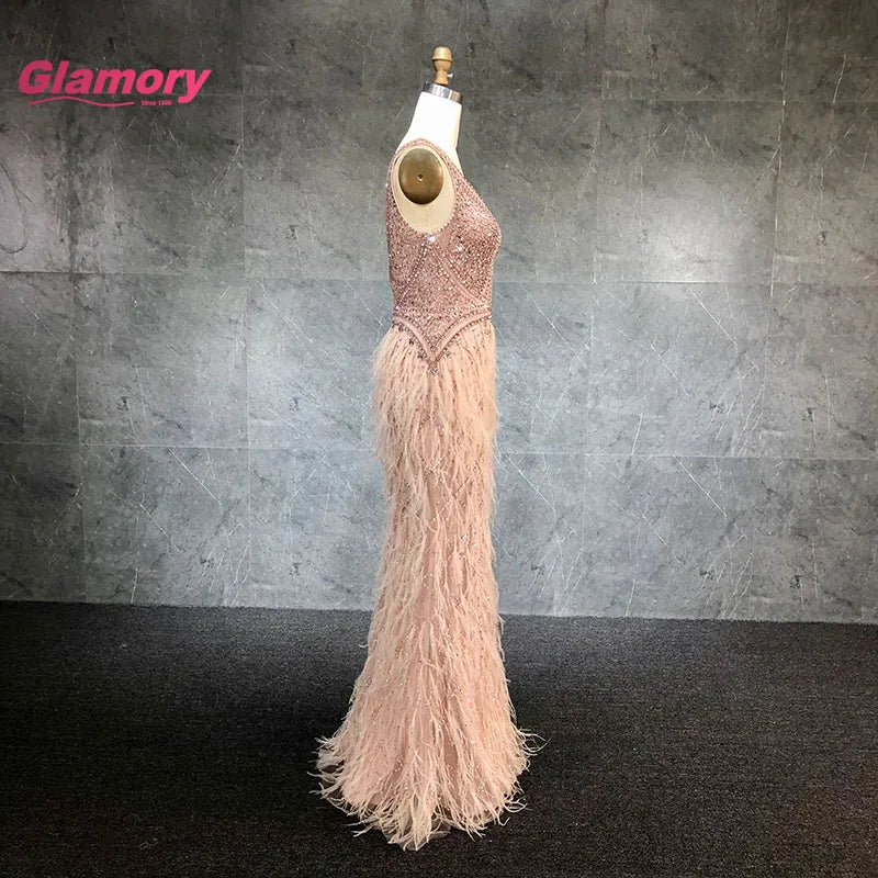 2020 New Design Pink Beading Mermaid Evening Gowns Sexy V Neck Sleeveless With Feater Prom Dress