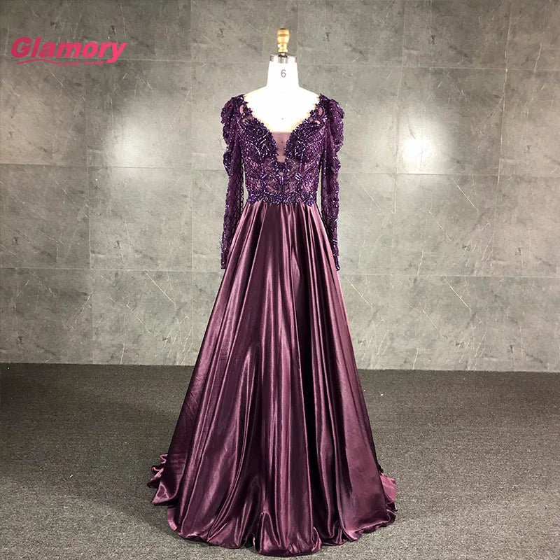 Purple Sleeve Sexy Gown Hand-Beading Satin a Line Evening Dress Elegant Formal Long Dresses for Fat Women