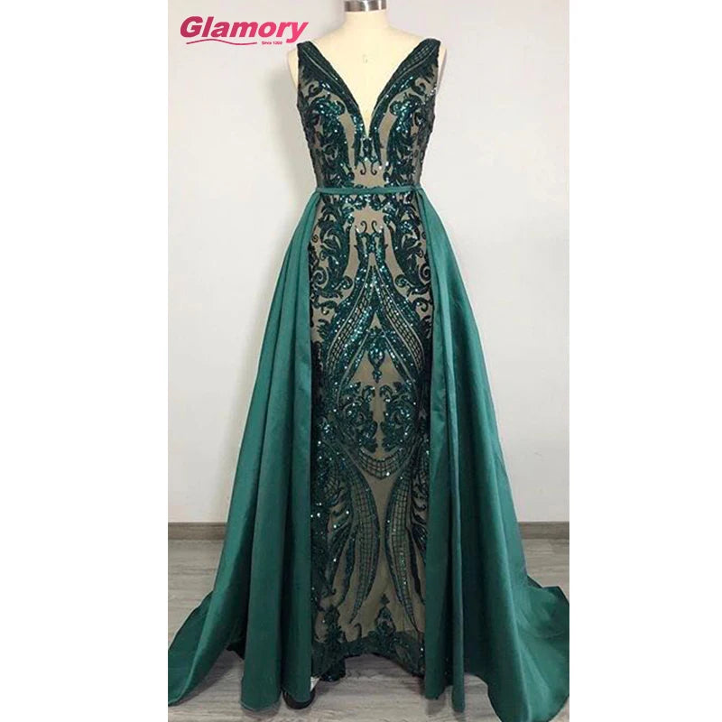 2020 New Elegent V-Neck Evening Gown Green Sequined Mermaid Detachable Dresses Long Prom Dress