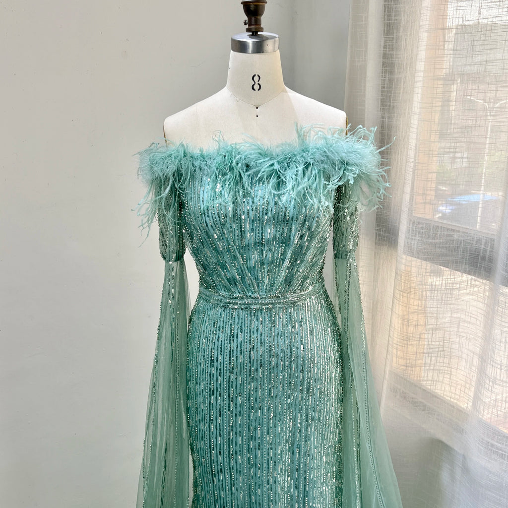 Luxury Dubai Glitter Feathers Beaded Cape Sleeves Off Shoulder Elegant Mermaid Sequins Evening Gown