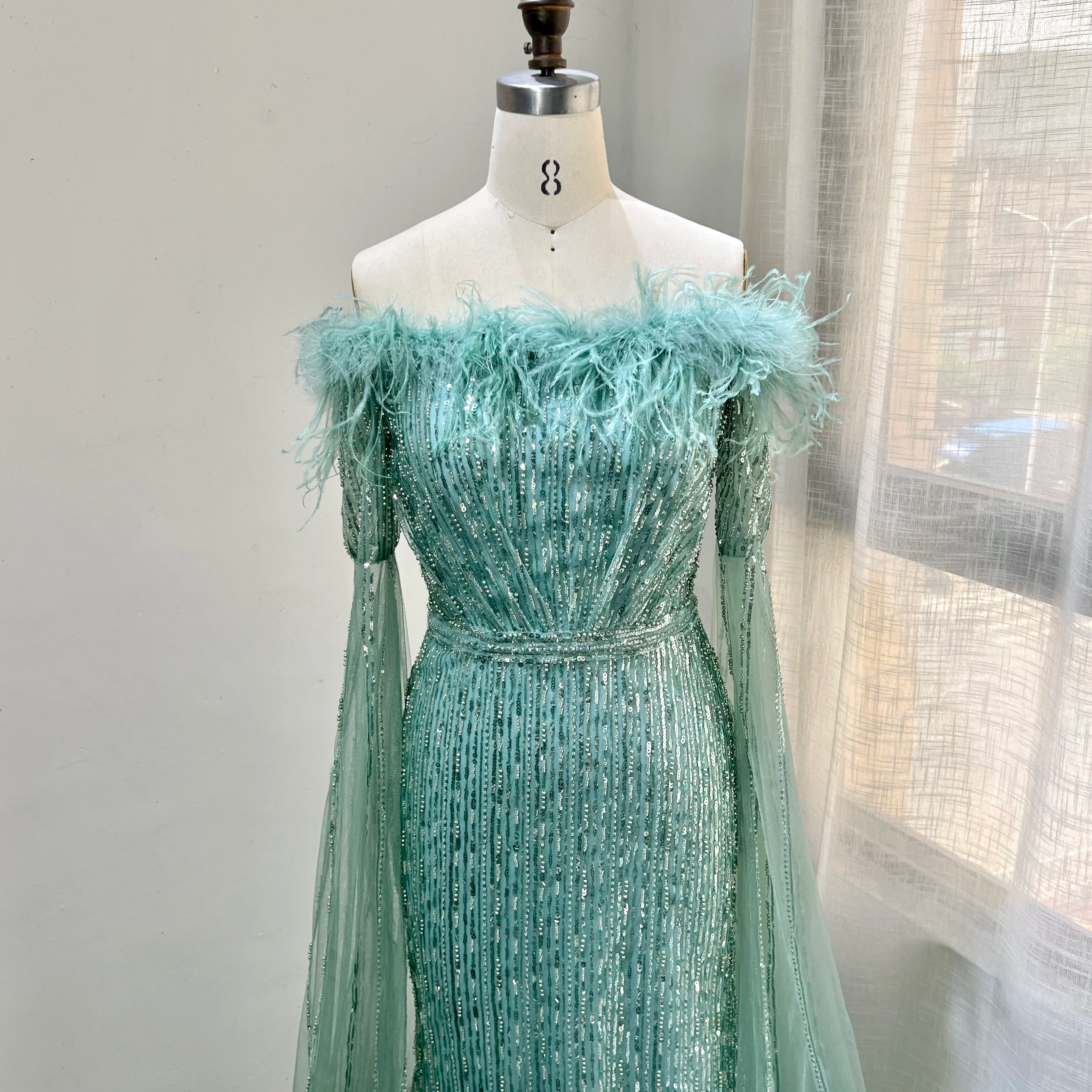 Luxury Dubai Glitter Feathers Beaded Cape Sleeves Off Shoulder Elegant Mermaid Sequins Evening Gown