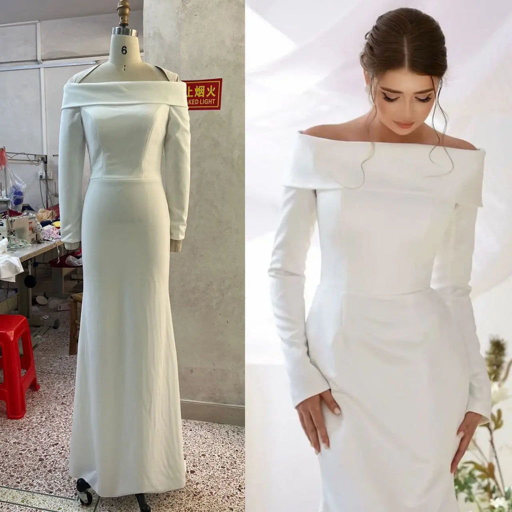 Sweeping Crepe Gown Satin Wedding Dresses Off Shoulder Bridal Gowns Women Wedding Guest Formal Party Dress