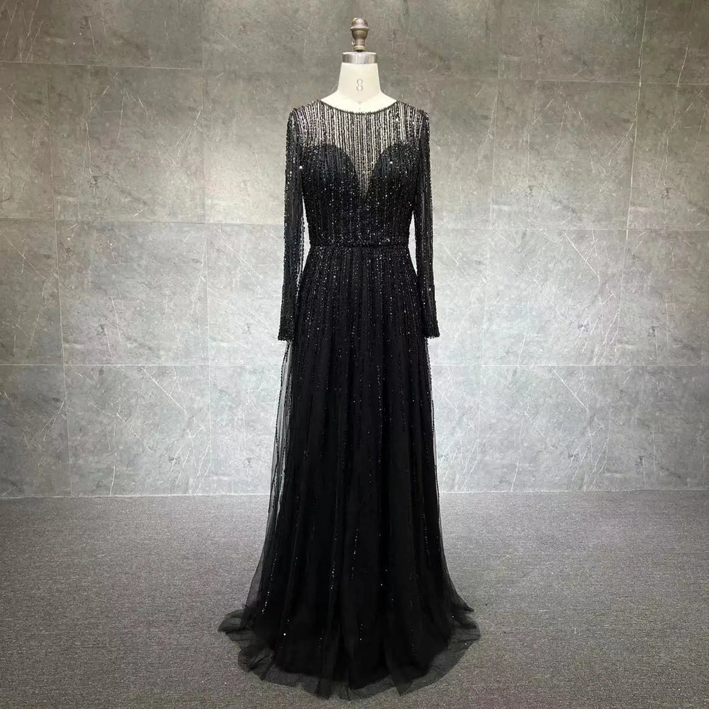 Luxury Black Dubai Arabic Designer Luxury a Line Beaded Evening Dresses Gowns for Women Wedding Party 2024