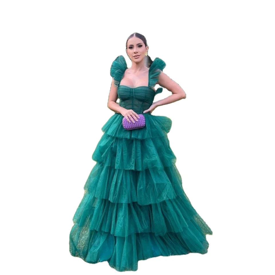 Green & Fuchsia Ruffled Straps a Line Evening Dresses for Women Wedding Party Layered Tulle Formal Prom