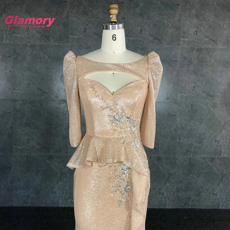 Wholesale Ladies Formal Long Sleeve Mermaid Champagne Prom Dress Sexy Open Leg Prom Dress