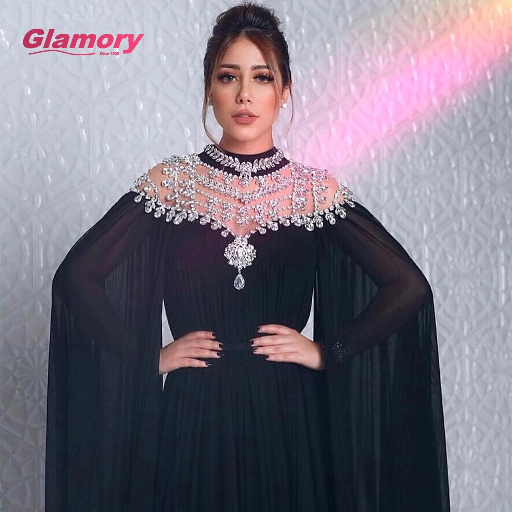 Cheap Dresses Kaftan Abiye Black Evening Dress Long Sleeves Beaded Crystal Chiffon Formal Gown Women Elegant Vestido Robe