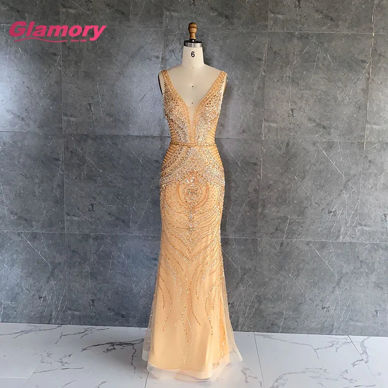 New 2020 Women Sexy Translucent Gold Silver Deep V-neck Slim Evening Dress for Woman