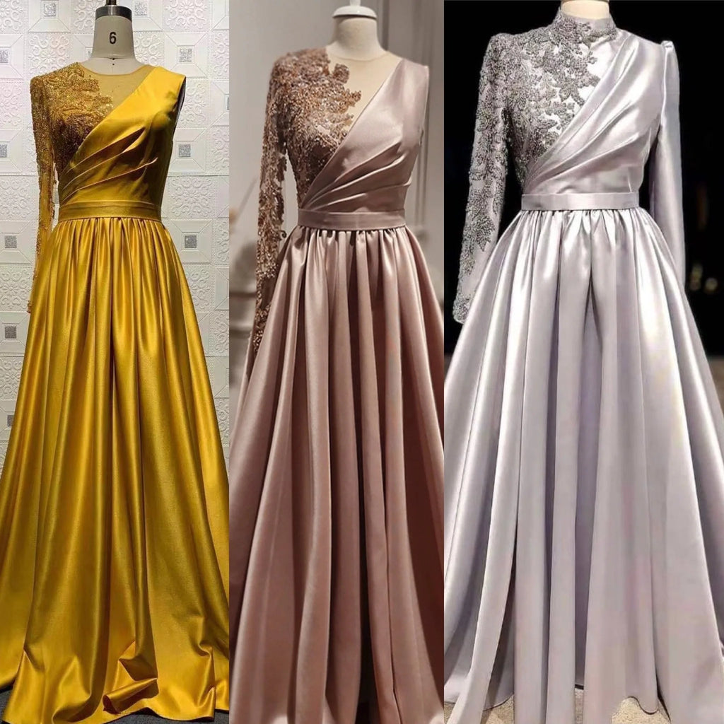 2021 New Designs Lady Party Plus Size Full Sleeve Floor-length Gray Pleat Satin Evening Dresses