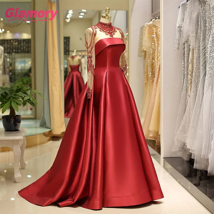 Turkey Luxury Formal Long Sleeve High Neck Burgundy Satin Party Evening Dress