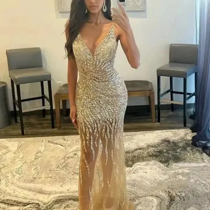 Mermaid Crystal Evening Dresses Luxury Beading Sequined Spaghetti Straps Sexy V Neck Backless Long Formal Party Prom Gowns