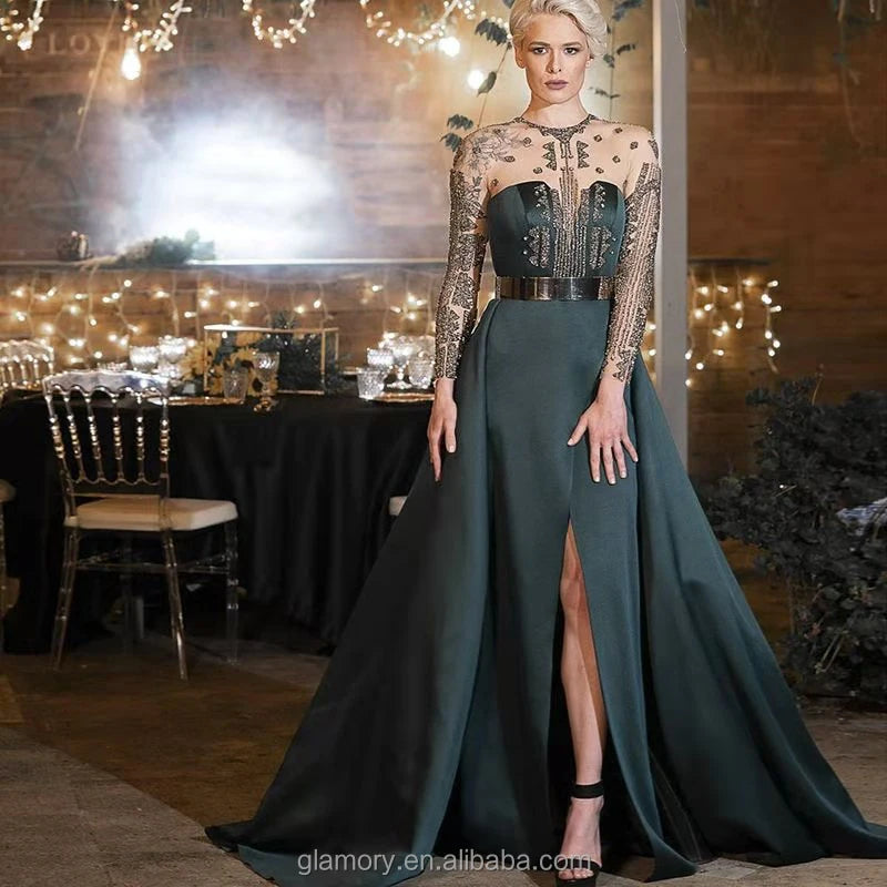 2021 New Arrival  High Quality Elegant Full Sleeve Beading Evening Dress Long Formal Party Wear