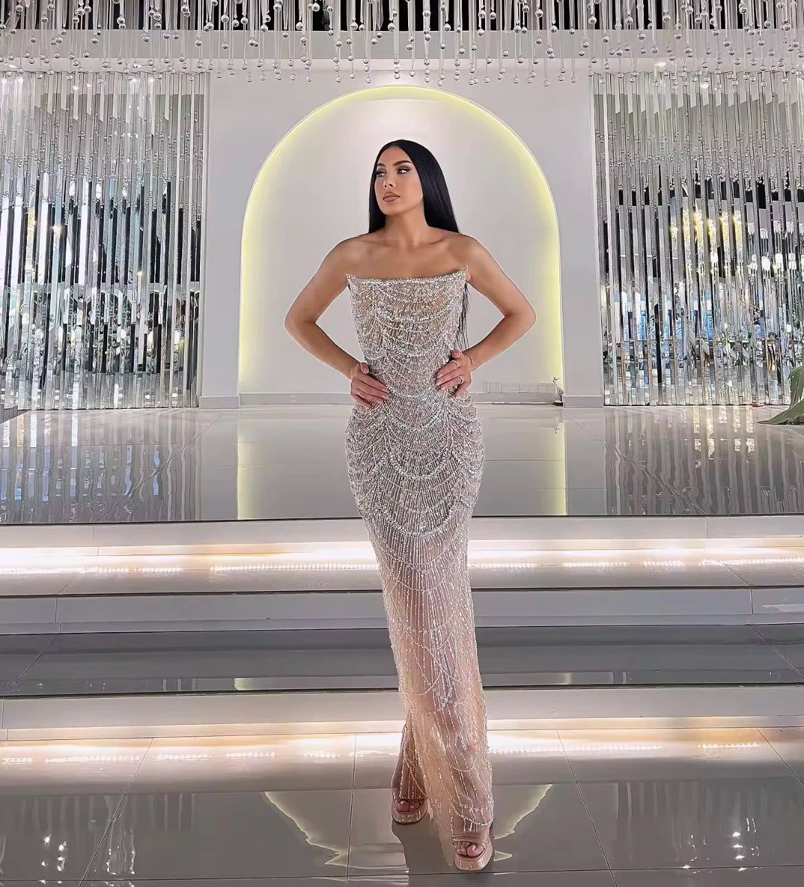 Nude Luxury Beaded Pearls Mermaid Evening Dresses 2025 Party Gowns for Women Wedding