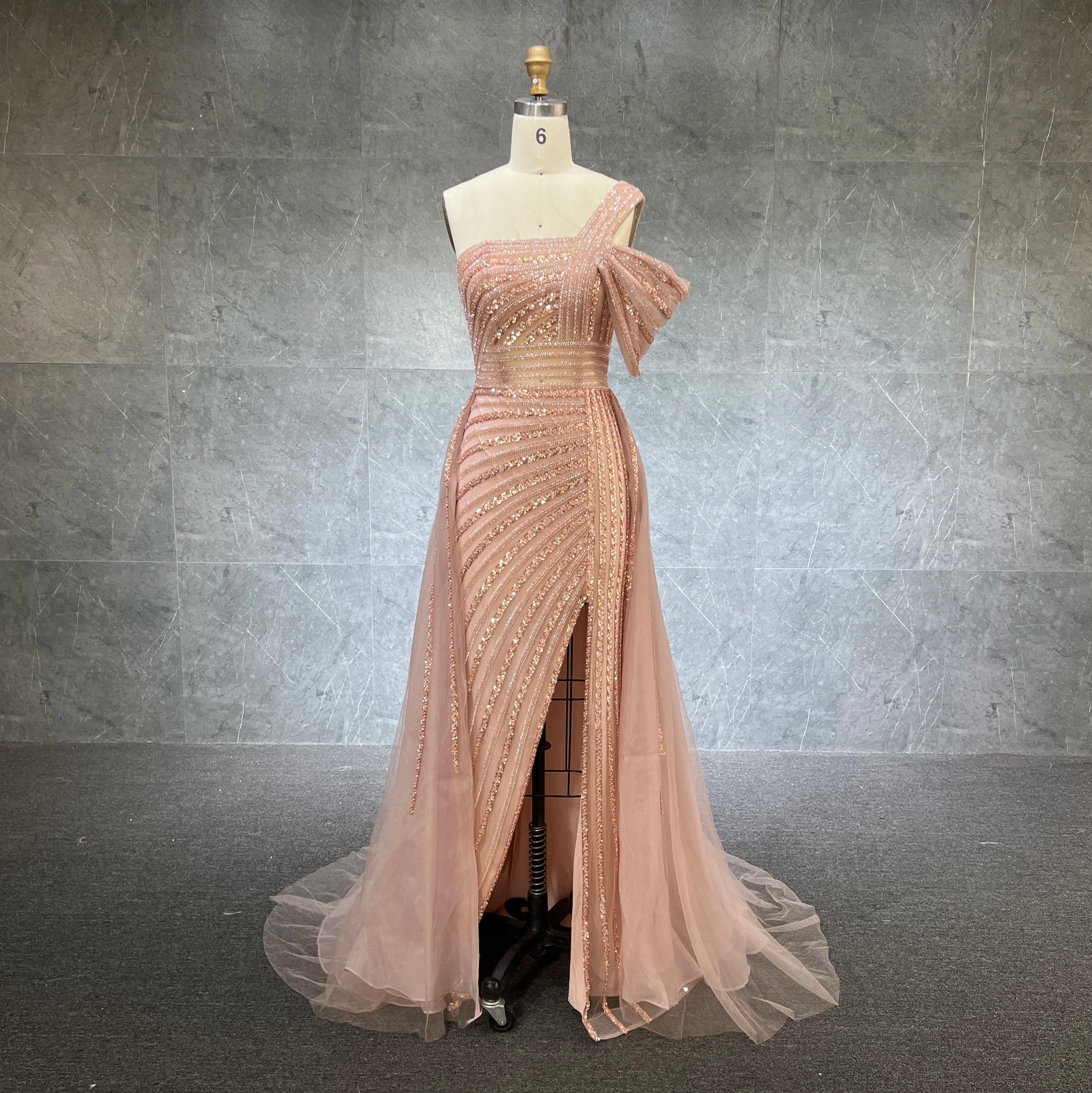 Turquoise One Shoulder High Split Sexy Evening Gowns Mermaid Elegant Luxury Beaded Organza Party Dresses