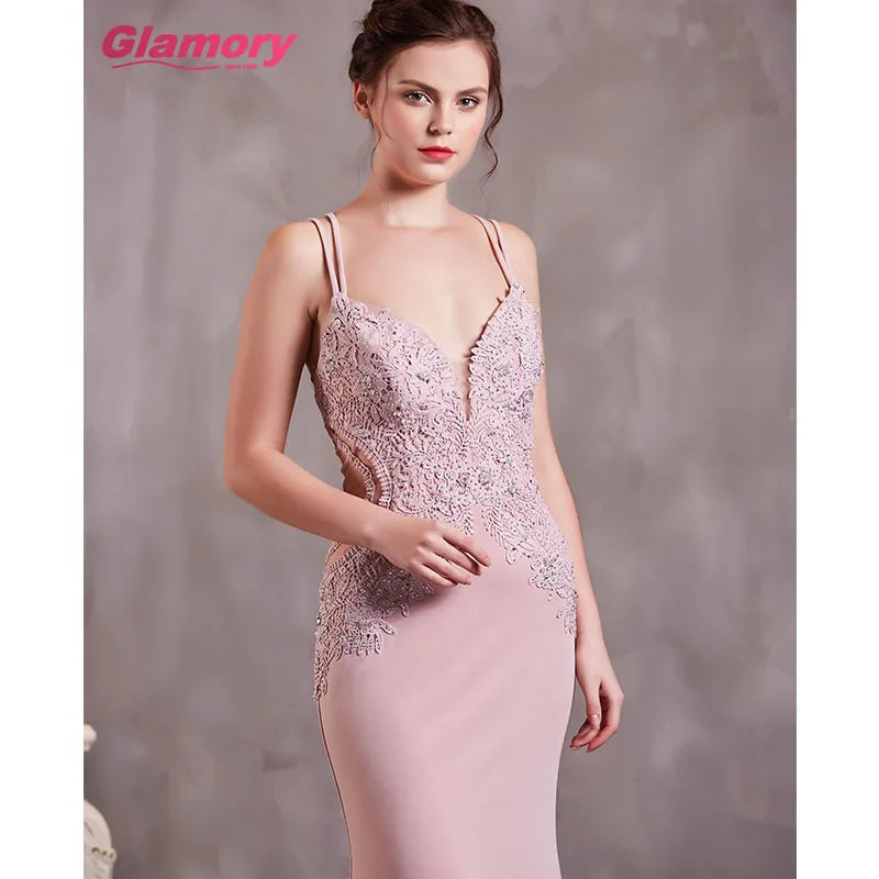 High Quality Sexy Suspenders Dresses Lace Appliques Long Evening Dress Summer Wear Bodycon Prom Gown