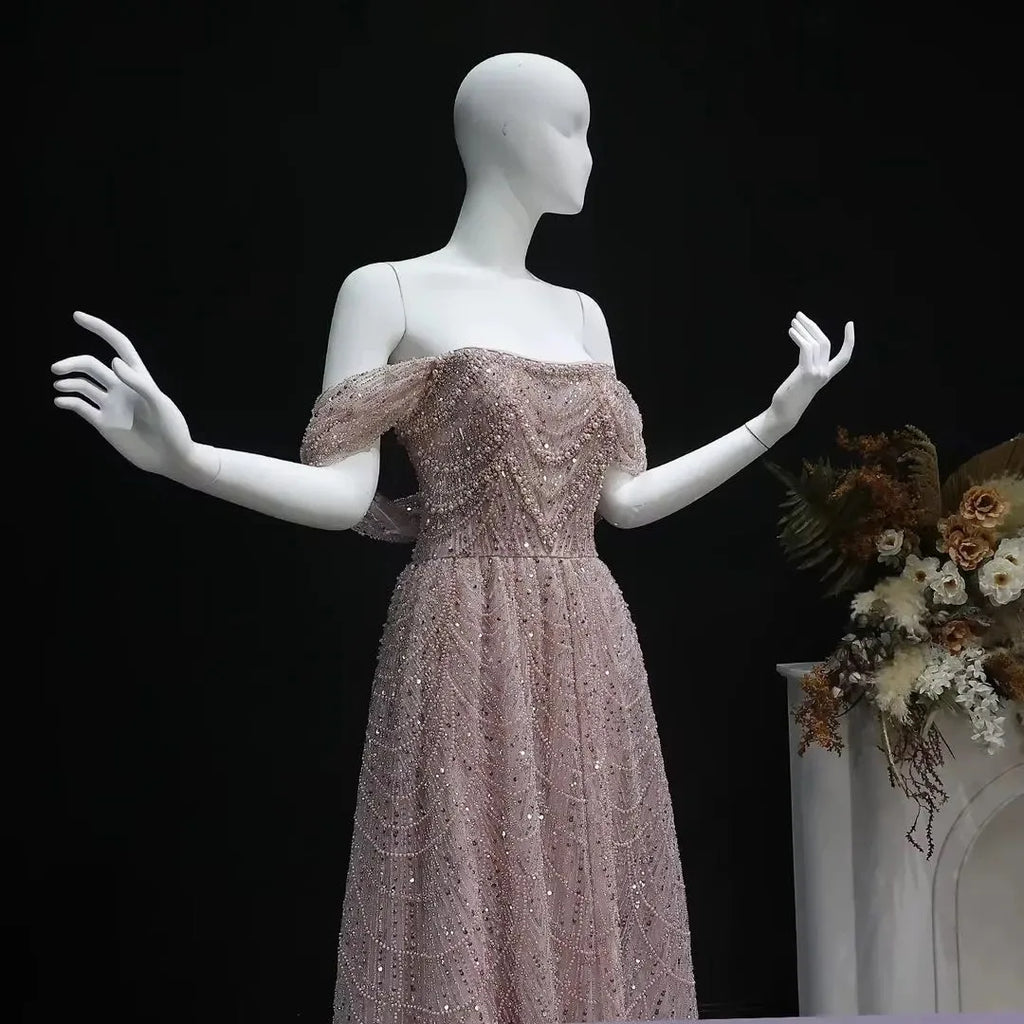 New Saudi Arabic Nude Pearls Beaded Design A-Line Evening Dresses Gowns for Formal Occasion