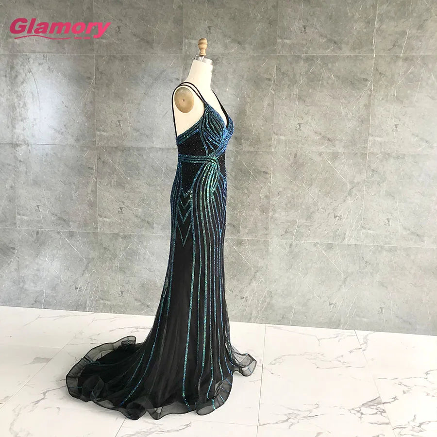 2020 Latest Design Crystal Black Color Sexy V Neck Luxury Prom Dresses Lady Elegant Party Evening Dress
