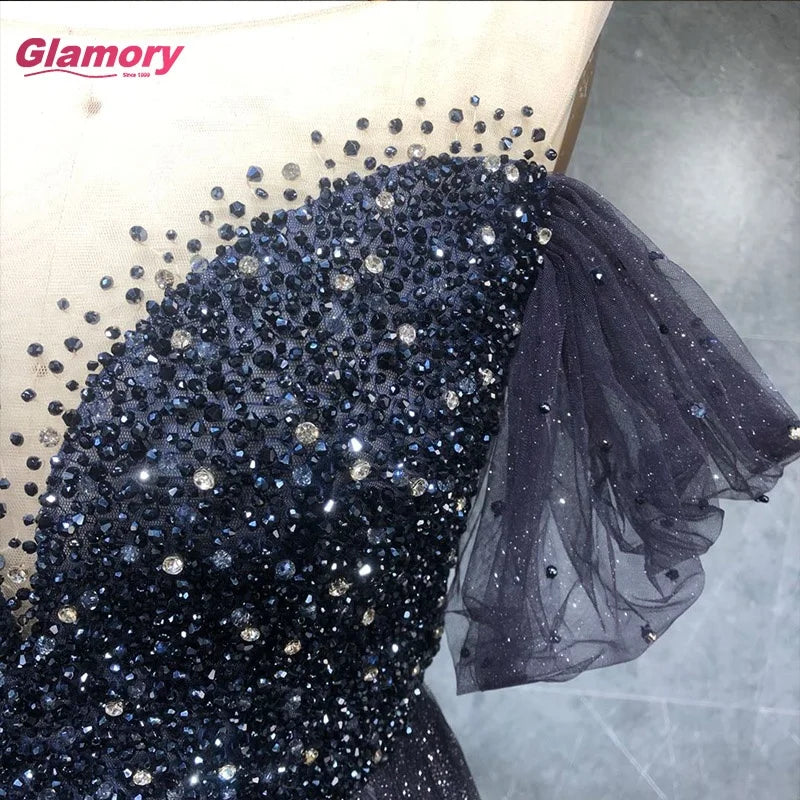 New Arrival Off-Shoulder Party Prom Crystal Beaded Gradual Change Color Shining Tulle Evening Gowns