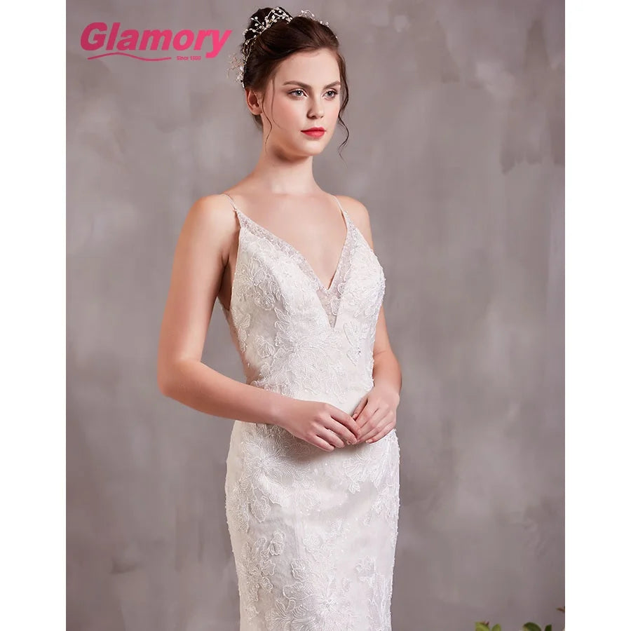 2020 Elegant Appliqued Bridal Mermaid Deep v Neck Spaghetti Strap Wedding Dress