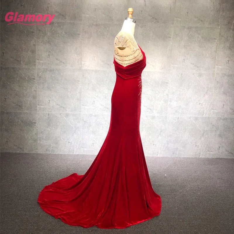 Ladies Formal Evening Dress Sleeveless Velvet Elegant Beaded Long Prom Dress