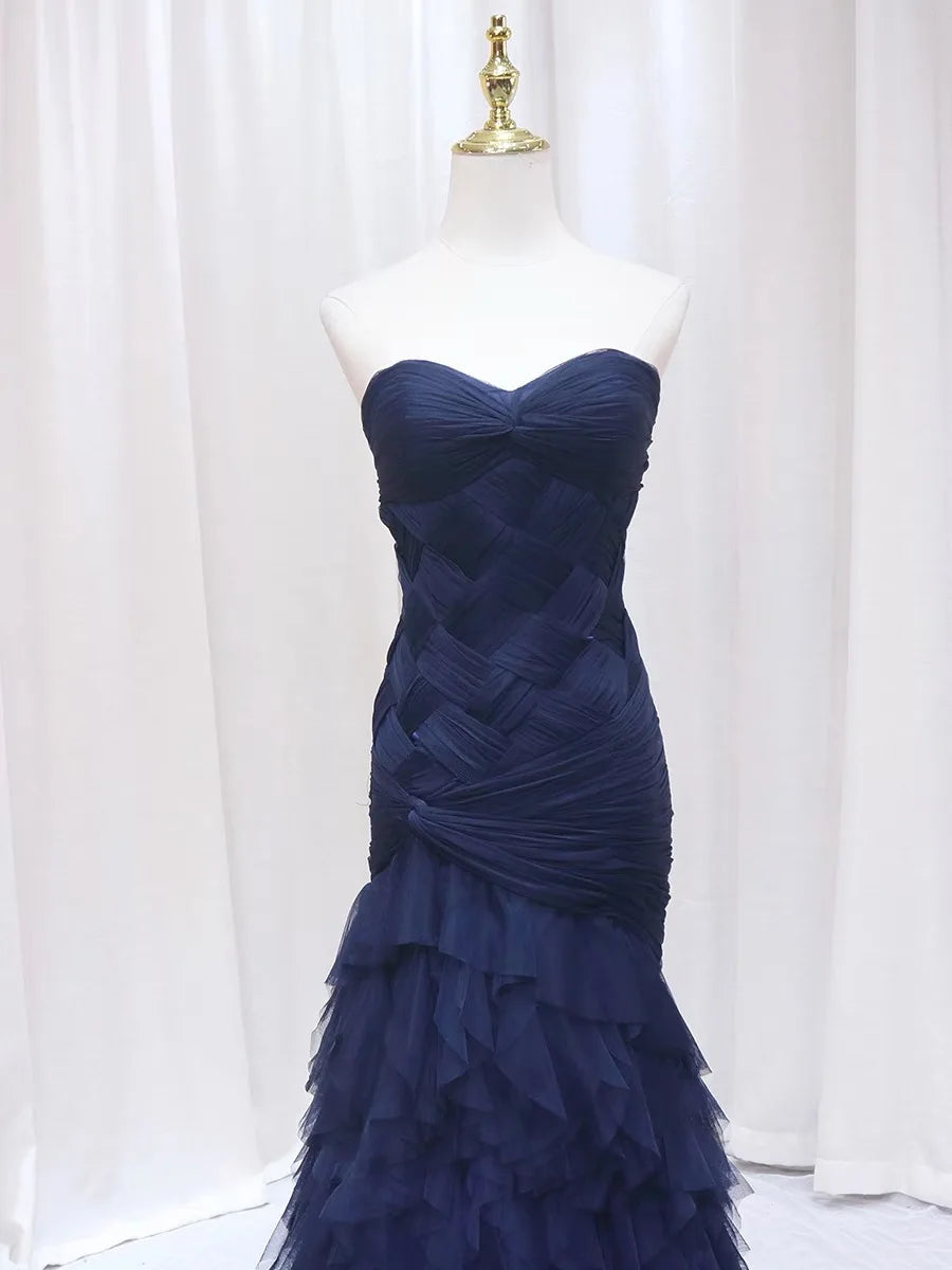 Navy Blue & Red Long Tulle Women Prom Dress  Summer Elegant Evening Birthday Party Gown