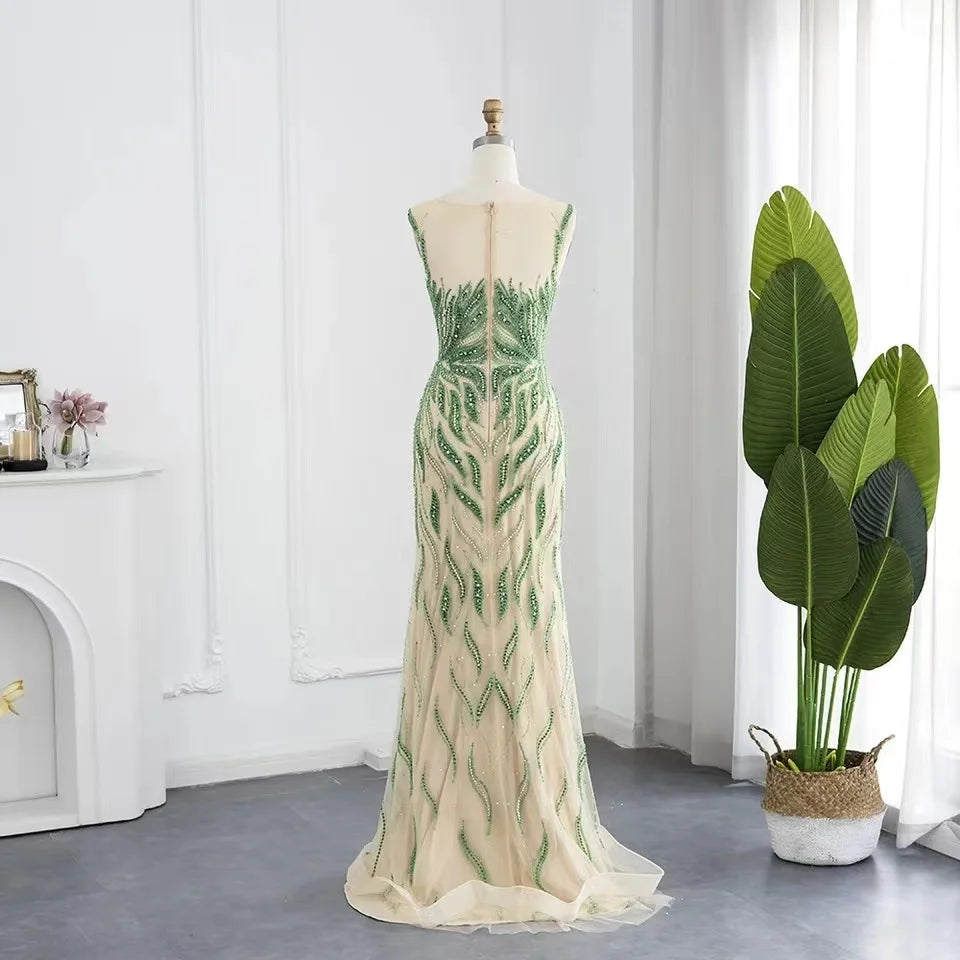 2023 Dubai Green Nude Mermaid Evening Dress Elegant Beaded Long Prom Formal Dress for Party