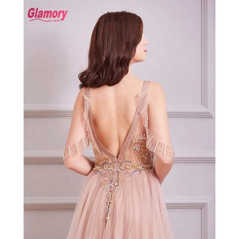 O-Neck Evening Dress  Off Shoulder Beads Handmade Tulle Party Dress