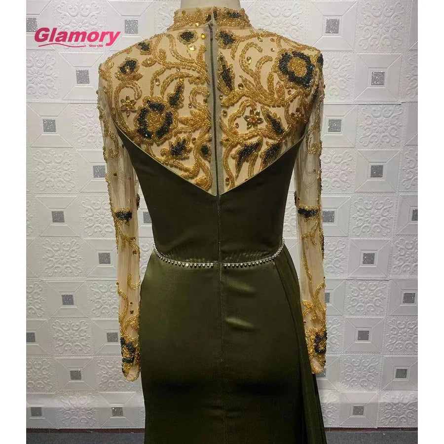 2022 New Arrival Fashion High Neck Elegant Gown Ladies Long Sleeves Mermaid Beaded Evening Gowns
