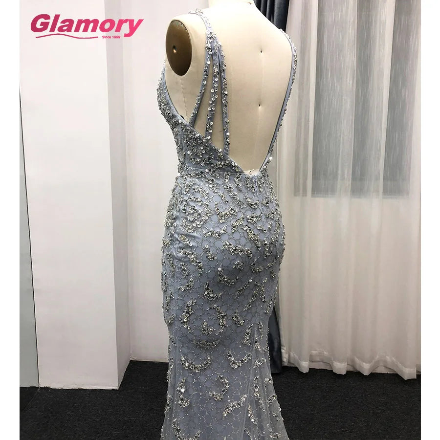 Sky Blue Sparkly Evening V-Neck Spaghetti Strap Halter Long Slim Prom Dress