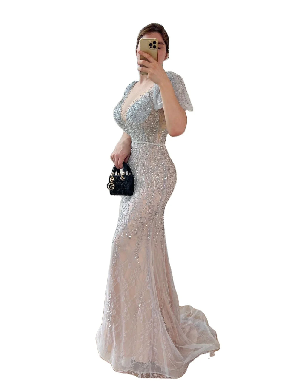 Crystal Sleeveless Shawl Yarn Evening Dresses 2023 Dubai Grey Nude V-Neck Sexy Formal Gown