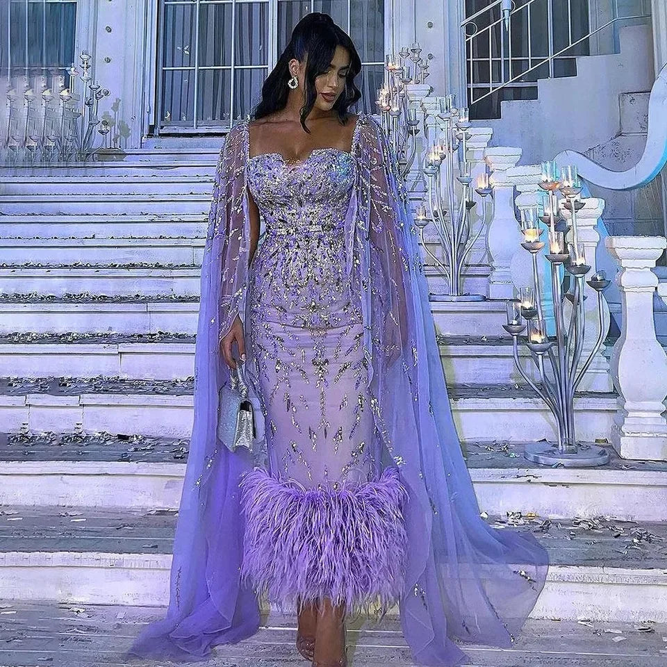 2023 New Mermaid Feather Luxury Beaded With Cape Evening Dresses Gowns for Women Party