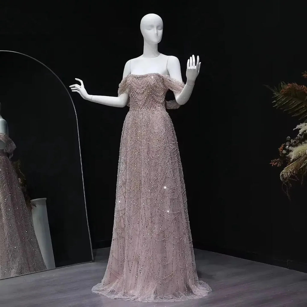 New Saudi Arabic Nude Pearls Beaded Design A-Line Evening Dresses Gowns for Formal Occasion